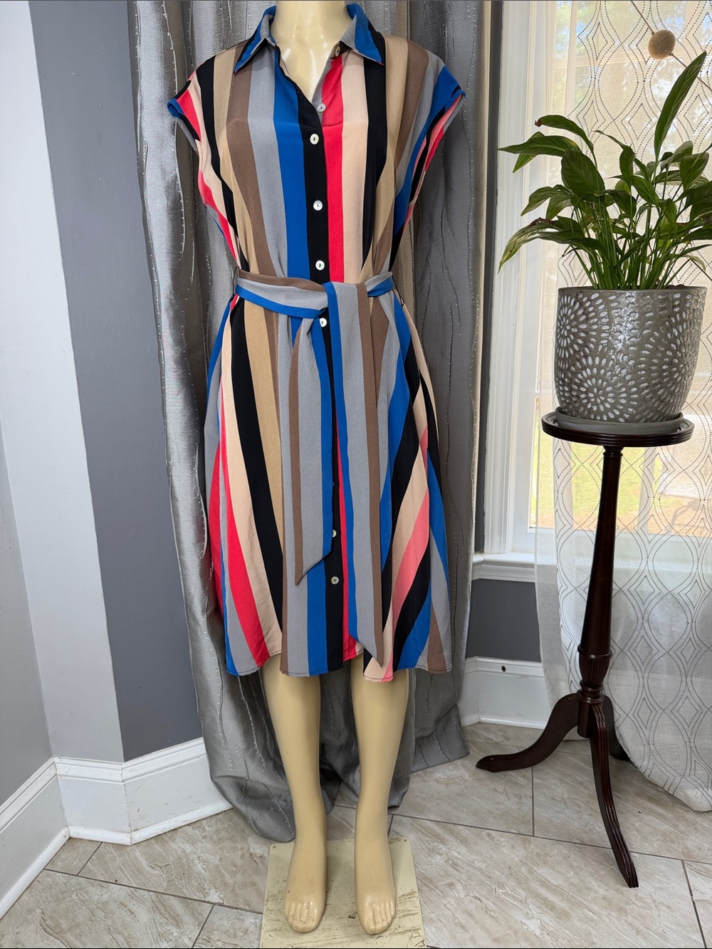 Apt. 9 Women’s SzL Multicolor Vertical Stripe Midi Shirt Dress with Belt/Pockets